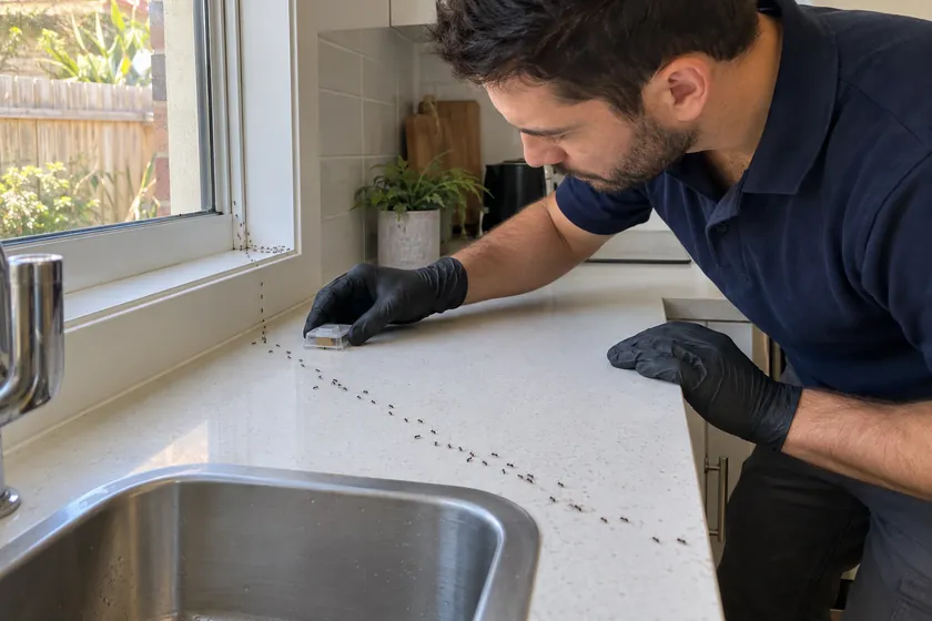 A trail of black ants across a kitchen bench to the sink, technician placing a bait station