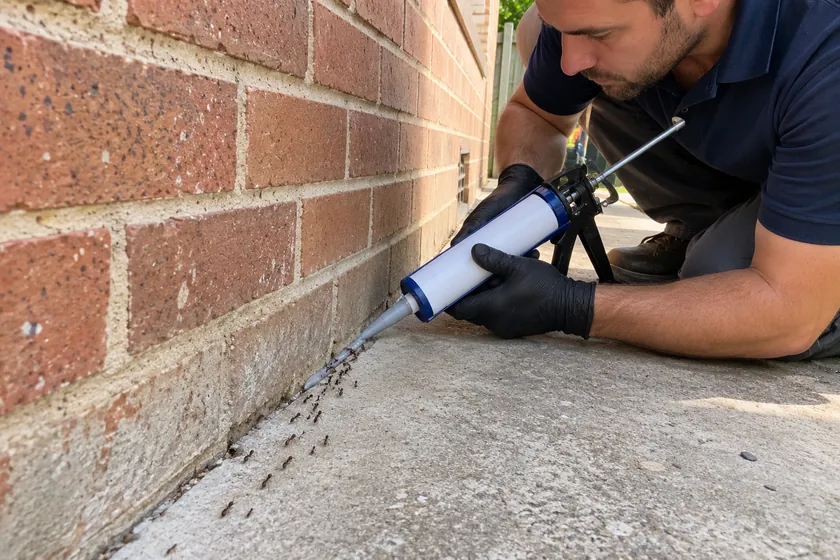 Technician sealing the crack where the path slab meets the brick wall, ants going into the crack