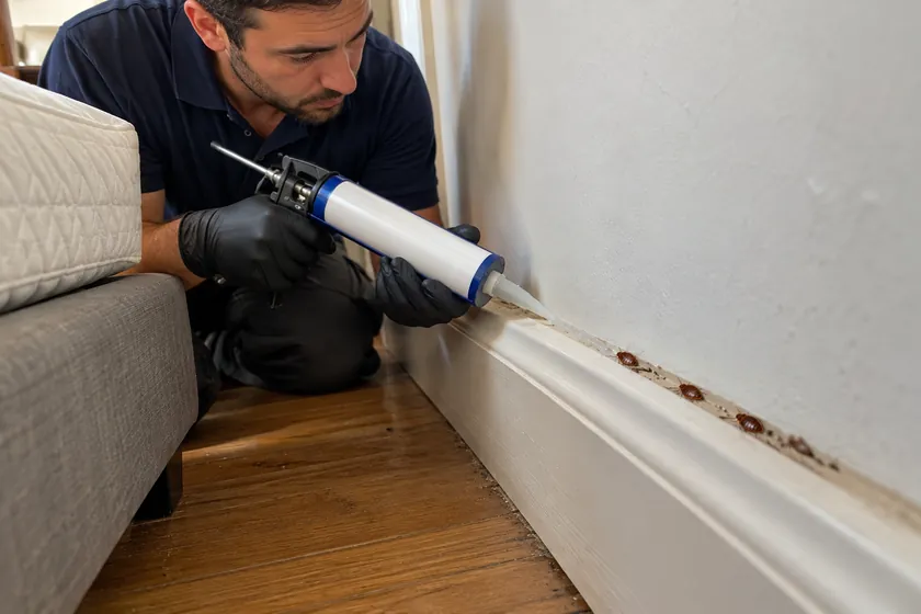 Technician sealing a skirting crack beside a bed where bed bugs are hiding