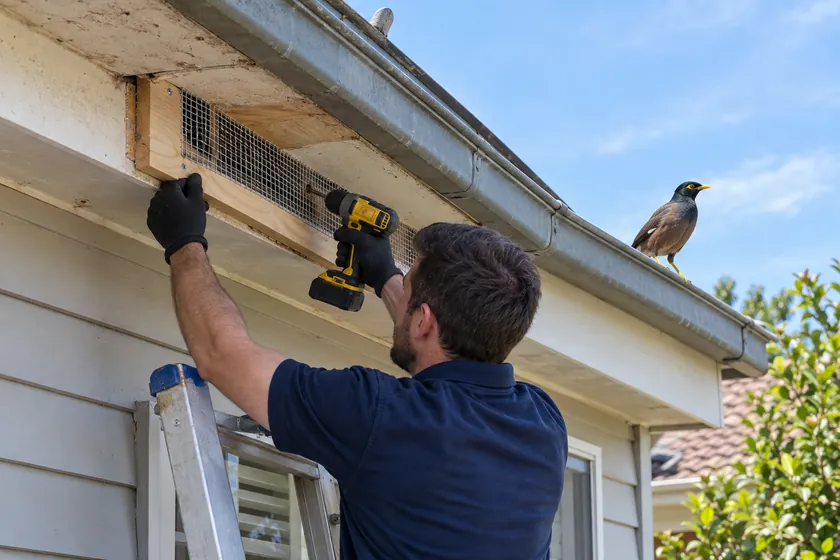 Technician fitting a new eave board and bird mesh while an Indian myna watches from the gutter