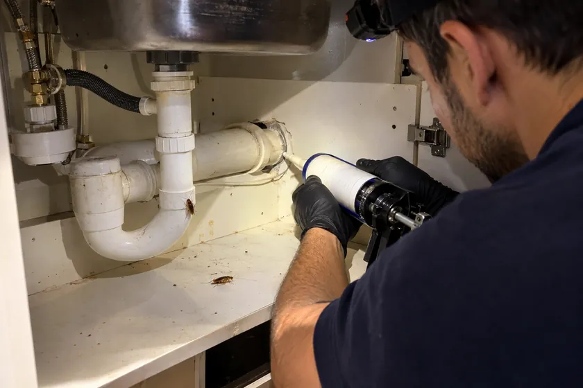 Technician sealing around a waste pipe under an apartment sink, cockroaches nearby