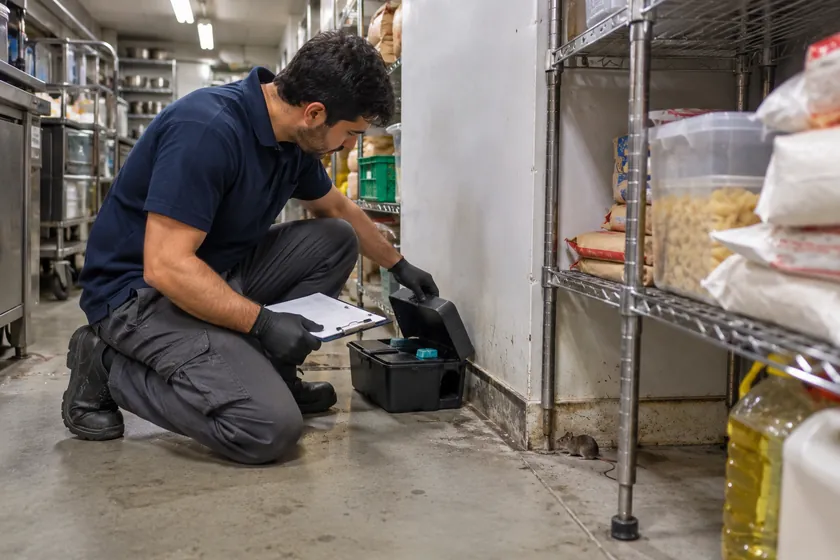 Technician checking a rodent bait station in a CBD restaurant storeroom, a mouse nearby