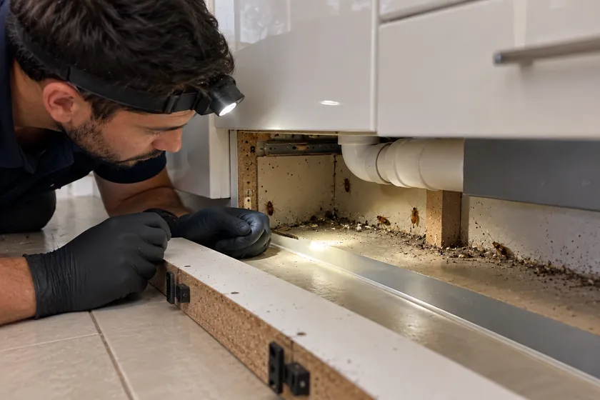 Kickboard removed under a kitchen sink showing German cockroaches and droppings