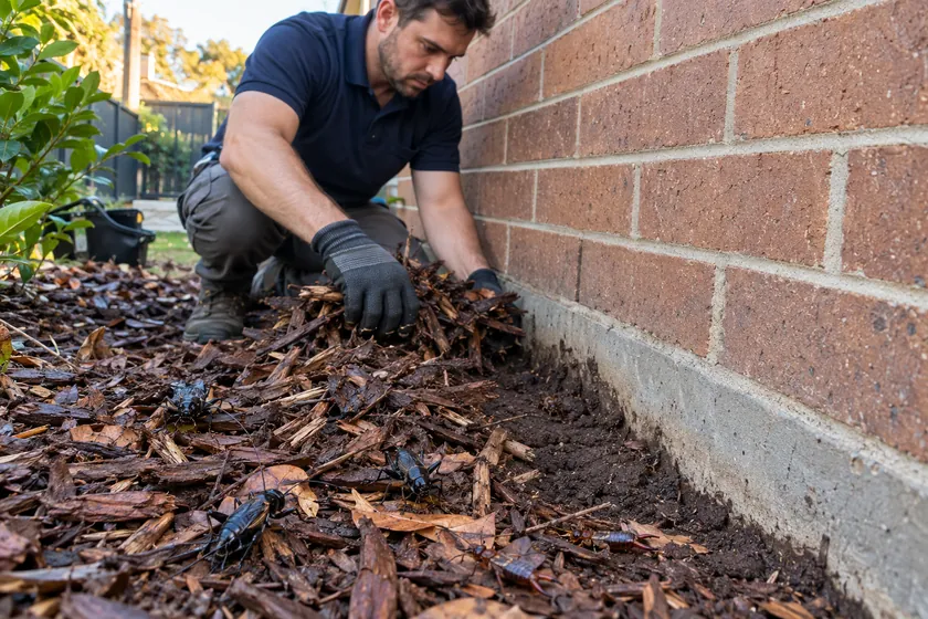 Technician raking mulch back from a brick wall where crickets and earwigs shelter