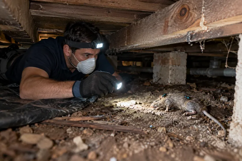 Technician finding a dead rat with flies in a sub floor crawl space