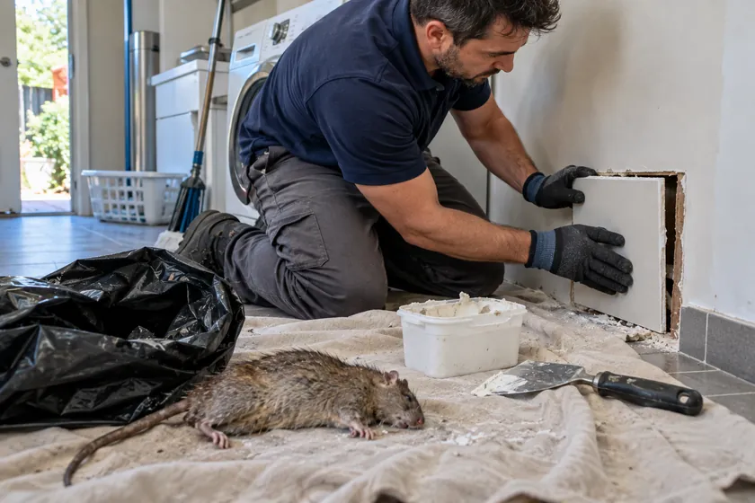 Technician patching a small access hole in a laundry wall after removing a dead rat