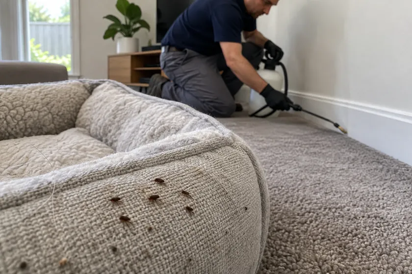 Fleas on a pet bed while a technician treats the carpet edge