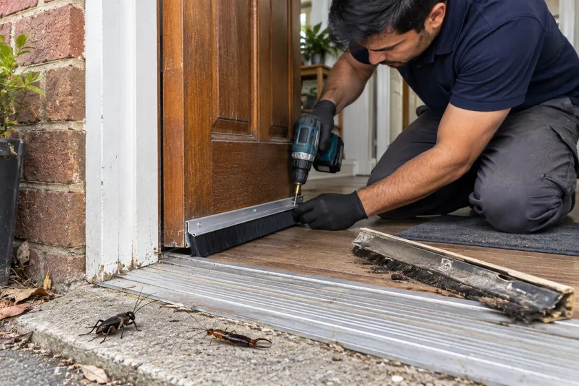 Technician fitting a new door bottom seal at the back door