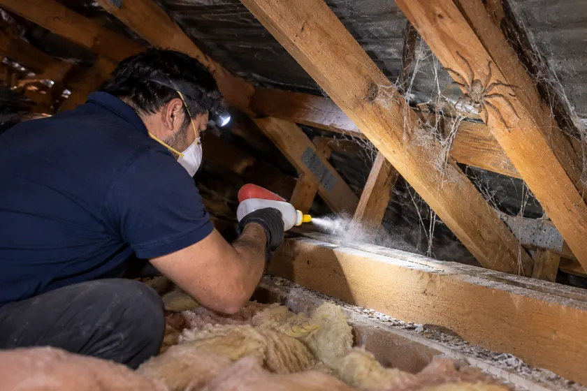 Technician dusting the roof void top plate beside a huntsman spider