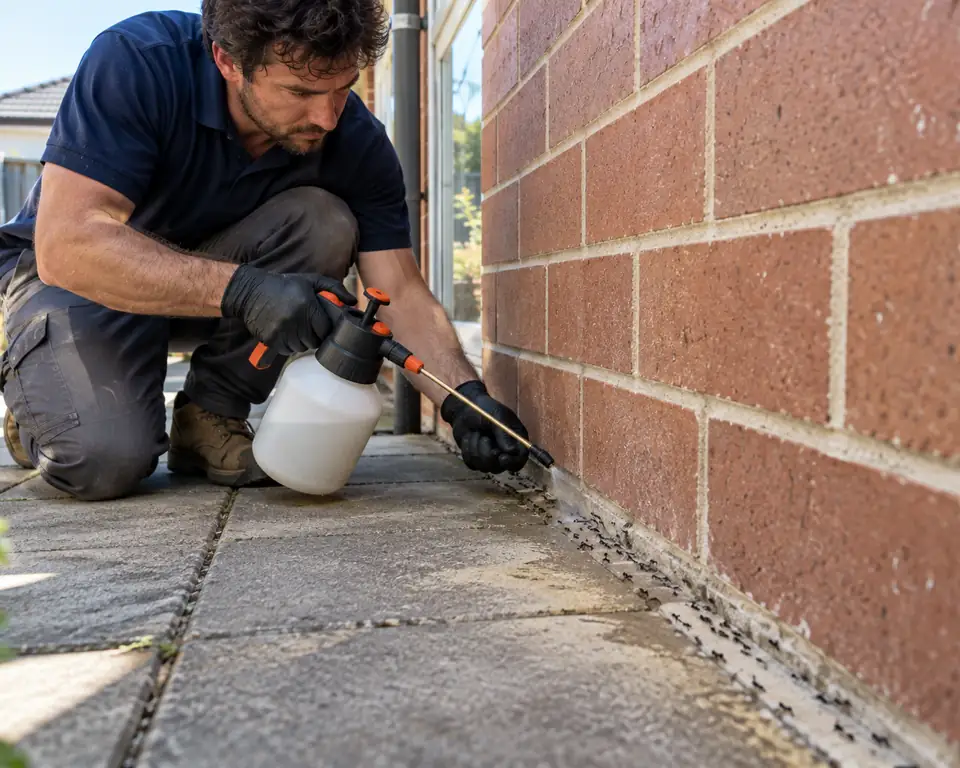 Technician spraying along the paving edge of a brick house where a trail of black house ants runs