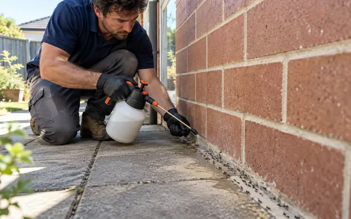 Technician spraying along the paving edge of a brick house where a trail of black house ants runs