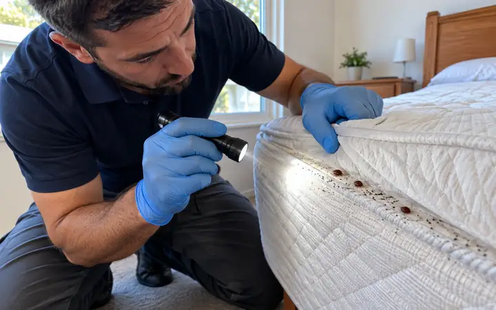 Technician checking a mattress seam with a torch where bed bugs and spotting are visible