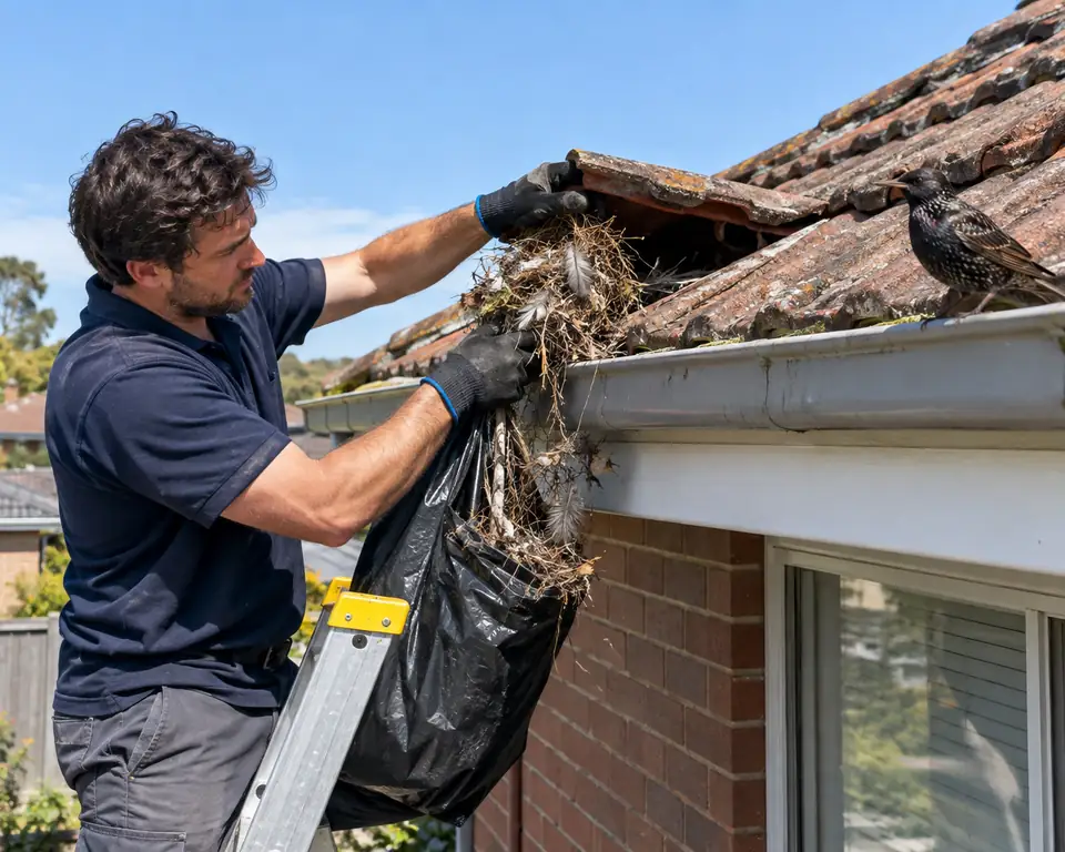 Technician on a ladder pulling a starling nest out from under a roof tile at the gutter of a Melbourne brick house