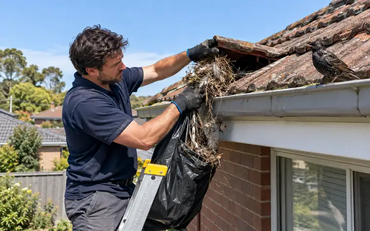 Technician on a ladder pulling a starling nest out from under a roof tile at the gutter of a Melbourne brick house