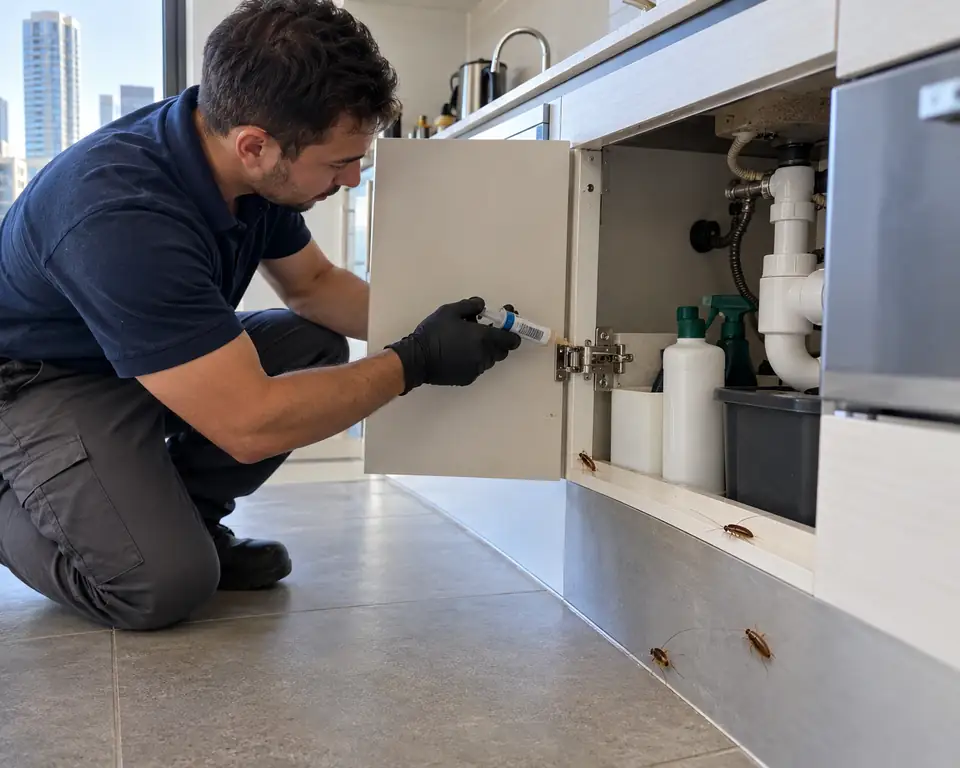 Technician placing gel bait in a CBD apartment kitchen cupboard, German cockroaches nearby