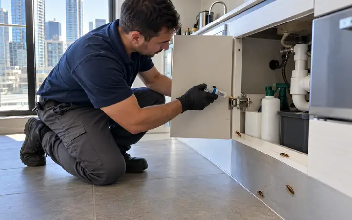 Technician placing gel bait in a CBD apartment kitchen cupboard, German cockroaches nearby
