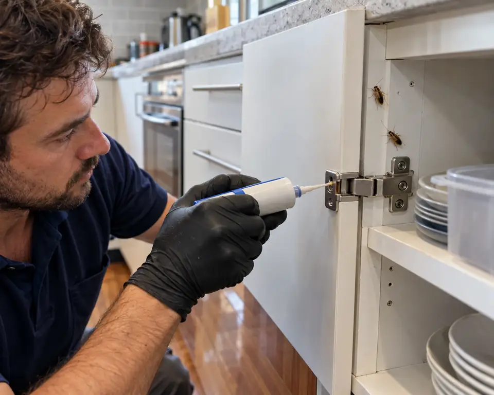 Technician placing gel bait in a kitchen cupboard hinge next to German cockroaches