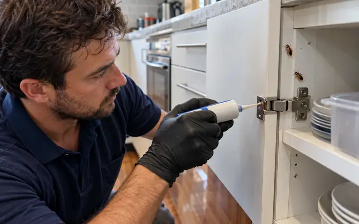 Technician placing gel bait in a kitchen cupboard hinge next to German cockroaches