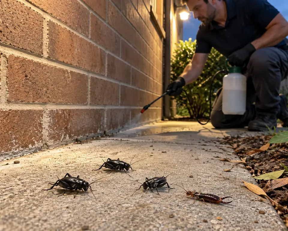 Technician spraying along a brick wall at dusk with black field crickets and an earwig on the path