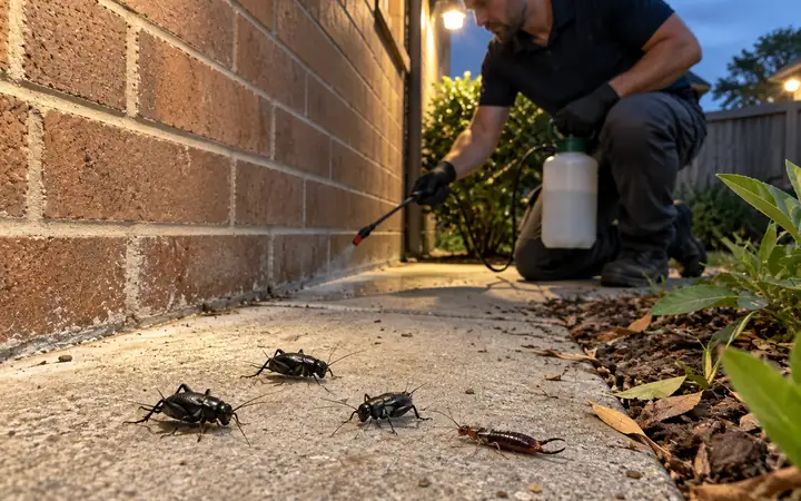 Technician spraying along a brick wall at dusk with black field crickets and an earwig on the path