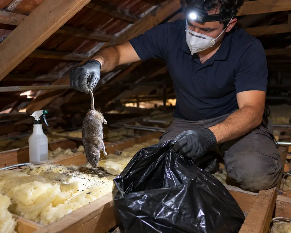 Technician in a mask and gloves bagging a dead rat from the insulation in a Melbourne roof void