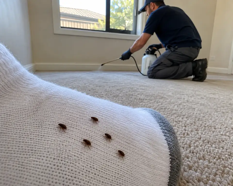Fleas on a white sock on the carpet of an empty rental while a technician treats the room