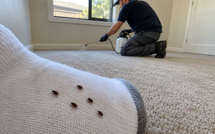 Fleas on a white sock on the carpet of an empty rental while a technician treats the room
