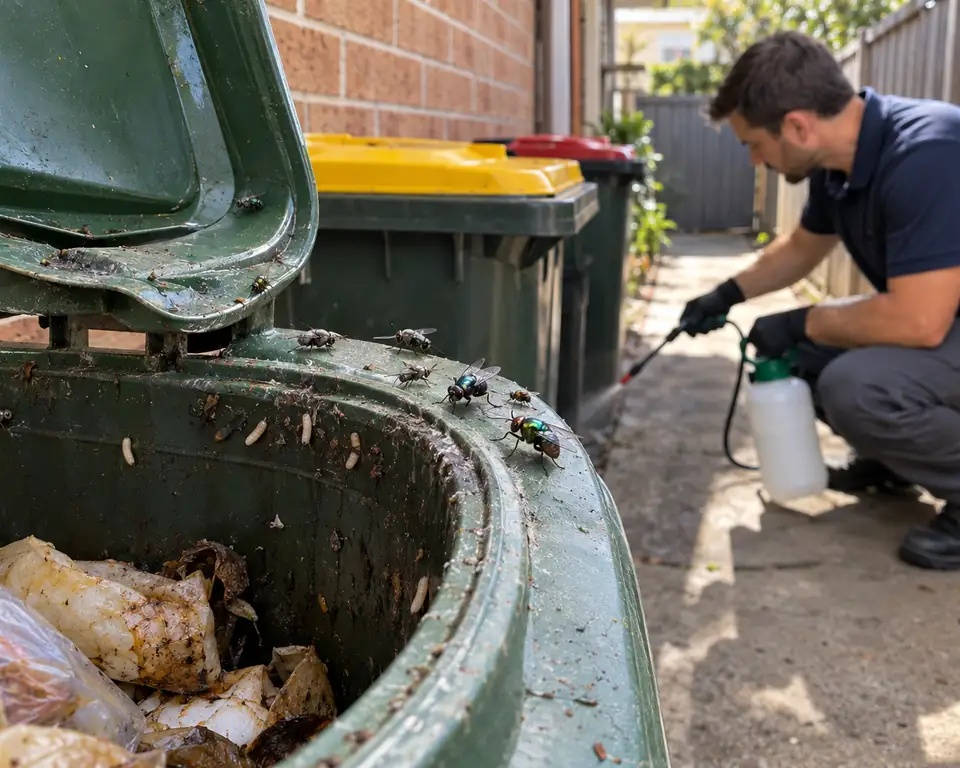 Technician treating the bin area beside a house, flies and blowflies on the open bin lid