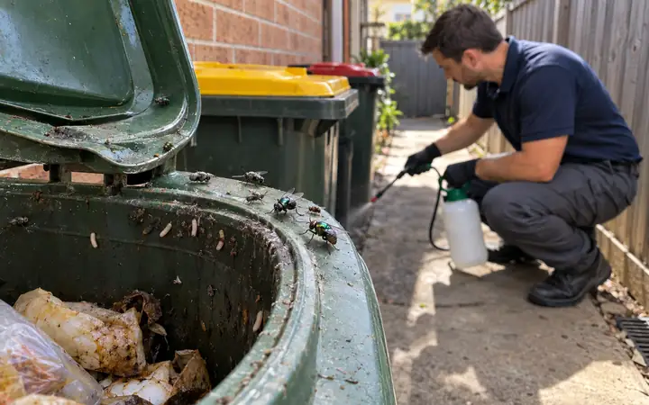 Technician treating the bin area beside a house, flies and blowflies on the open bin lid