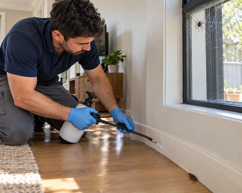 Technician spraying along a living room skirting board, a black house spider in the window corner