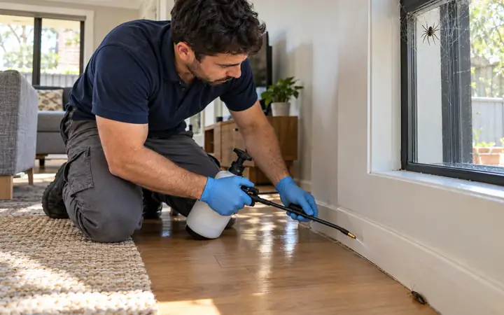 Technician spraying along a living room skirting board, a black house spider in the window corner