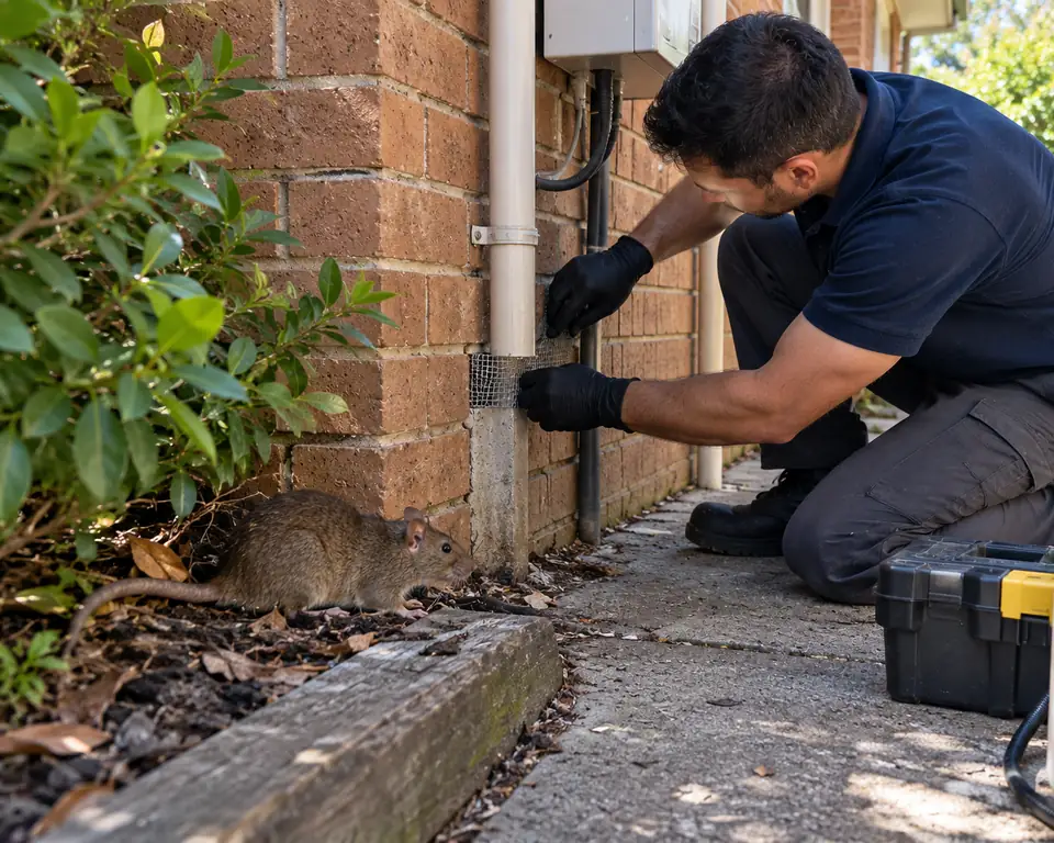 Technician sealing a gap around a pipe with steel mesh while a rat watches from the garden bed
