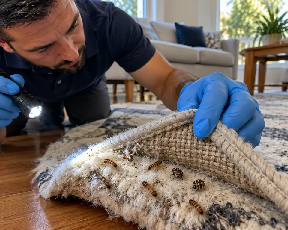 Technician folding back a wool rug to show carpet beetle larvae and damage