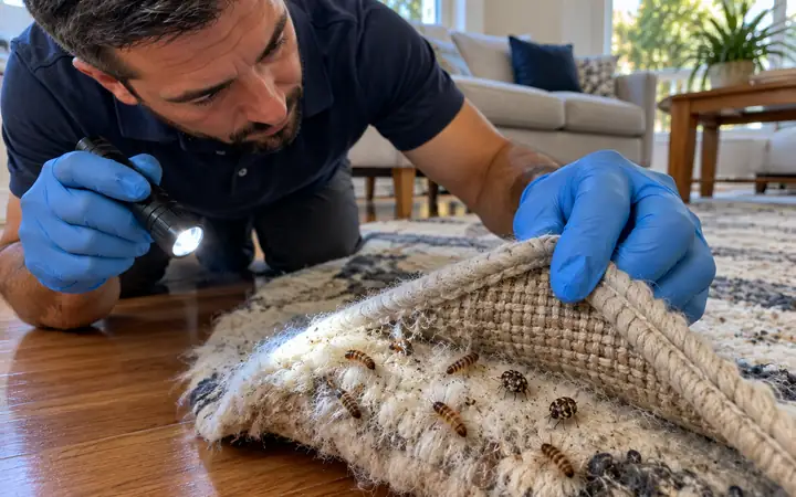Technician folding back a wool rug to show carpet beetle larvae and damage