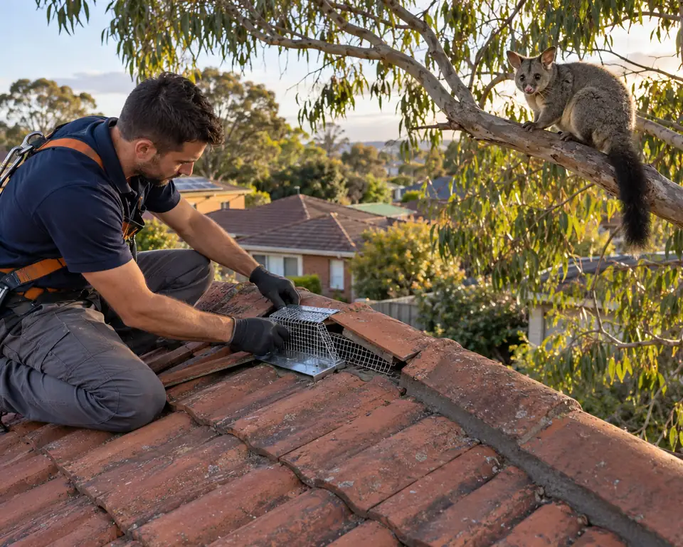 Technician fitting a one way possum door on a Melbourne tiled roof while a brushtail possum watches from a gum tree