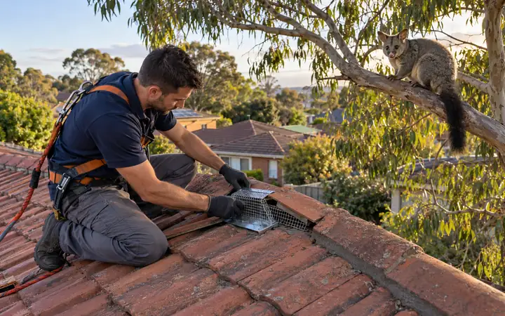 Technician fitting a one way possum door on a Melbourne tiled roof while a brushtail possum watches from a gum tree