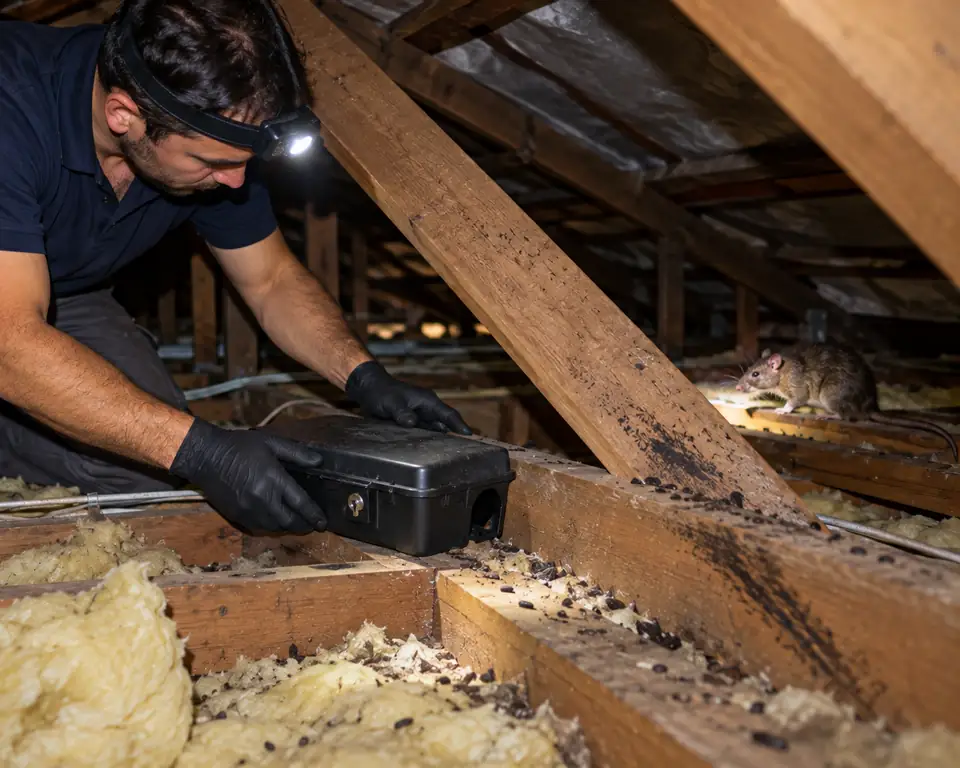 Technician setting a locked rodent bait station in a roof void beside a rat runway, a roof rat nearby