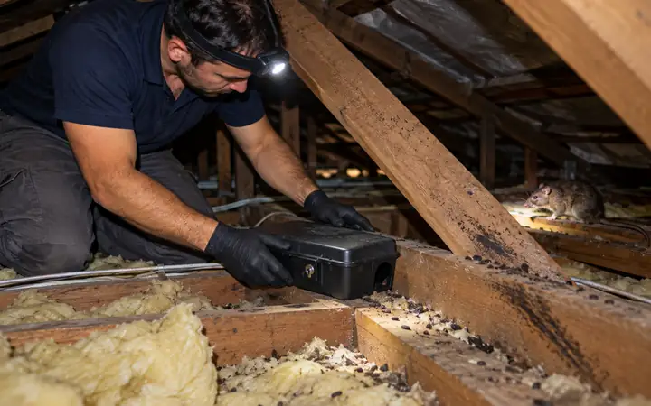 Technician setting a locked rodent bait station in a roof void beside a rat runway, a roof rat nearby