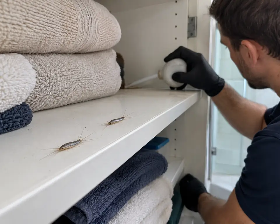 Technician dusting the back of a linen cupboard shelf where silverfish are visible