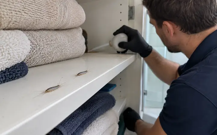 Technician dusting the back of a linen cupboard shelf where silverfish are visible