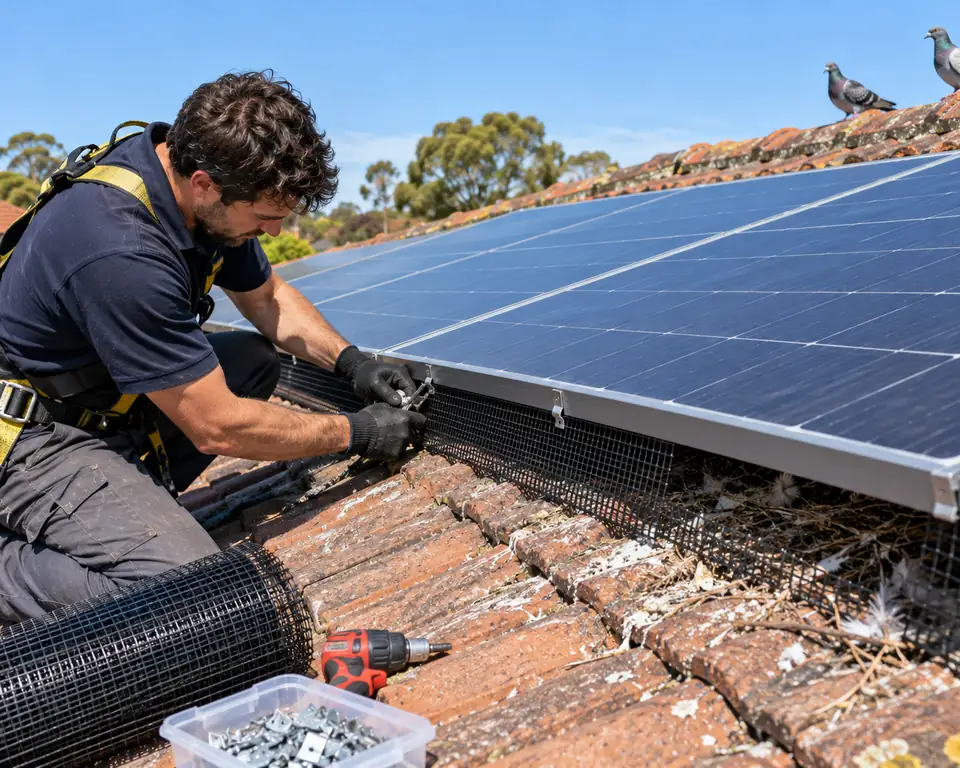Technician clipping black bird mesh along the edge of solar panels on a tiled Melbourne roof, pigeons on the ridge