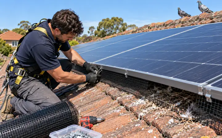 Technician clipping black bird mesh along the edge of solar panels on a tiled Melbourne roof, pigeons on the ridge