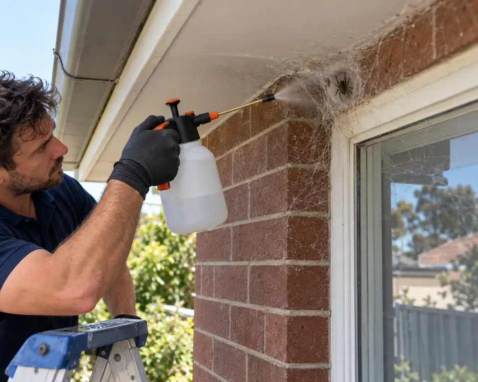 Technician treating the eaves of a brick home beside a black house spider web in a window corner