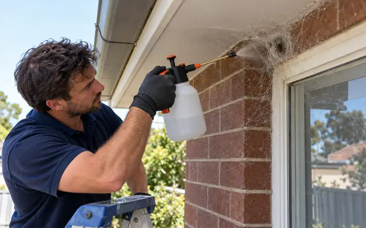 Technician treating the eaves of a brick home beside a black house spider web in a window corner