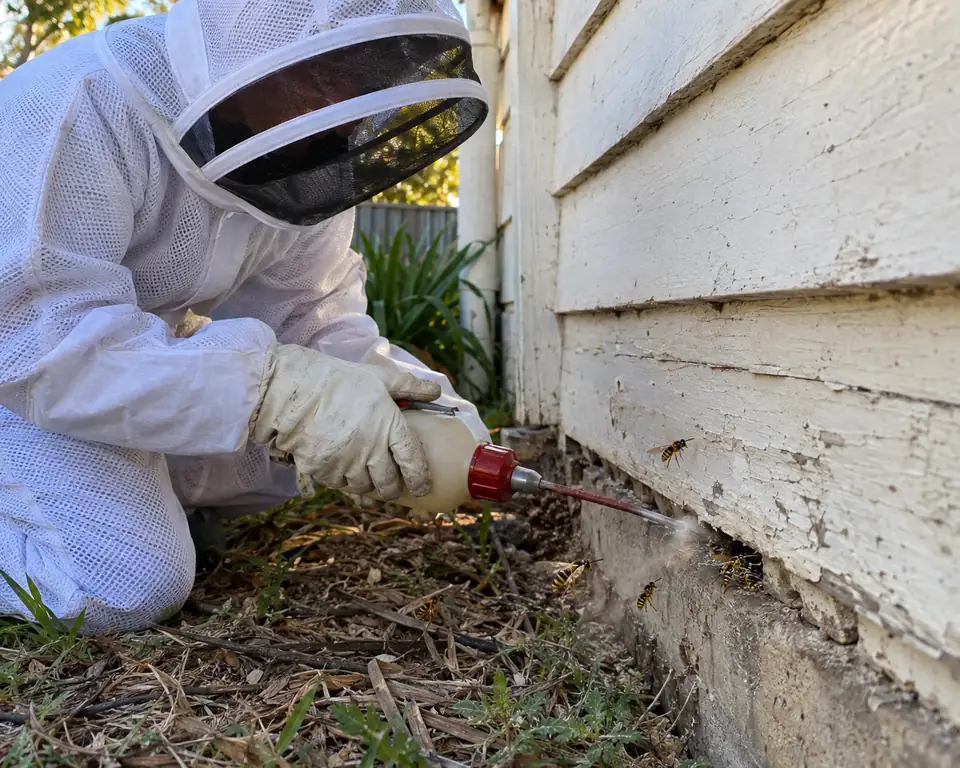 Technician in a bee suit dusting a European wasp nest entrance at the base of a weatherboard wall
