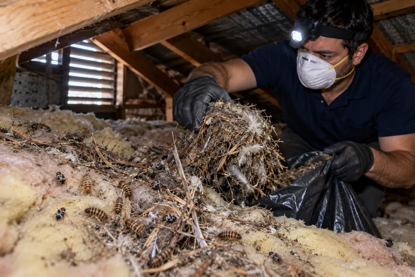 Technician removing an old bird nest with carpet beetle larvae from a roof void