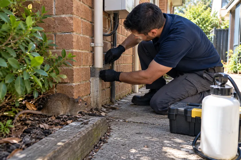Technician packing steel mesh into a gap around a pipe while a rat watches