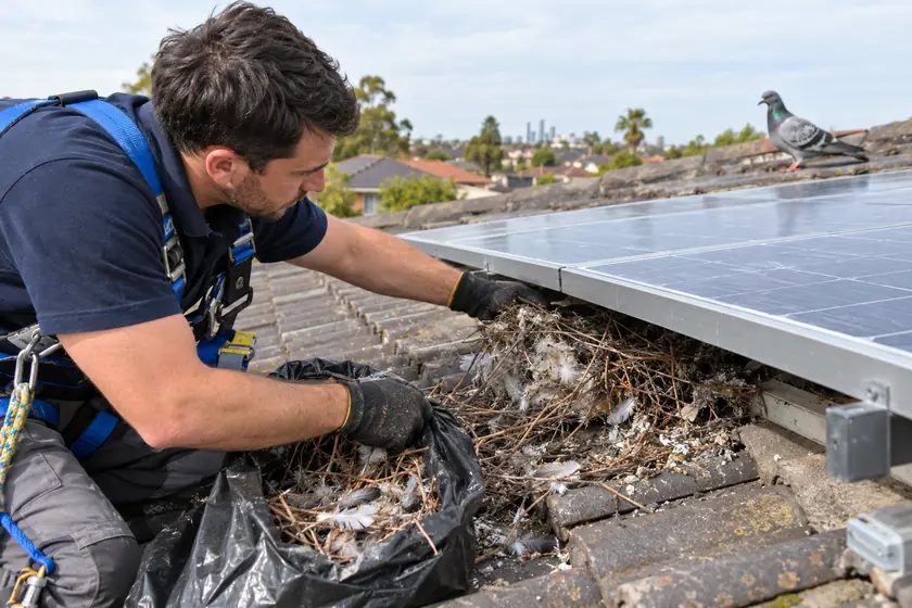 Technician pulling a pigeon nest out from under a solar panel, a pigeon on the roof