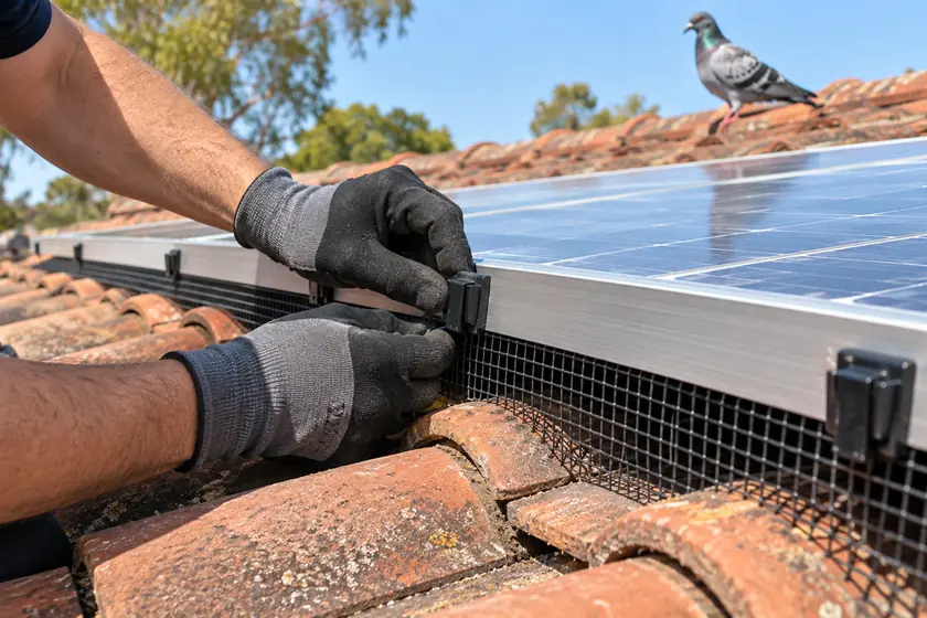 Black bird mesh clipped to the underside lip of a solar panel frame, no drilling, a pigeon on the ridge