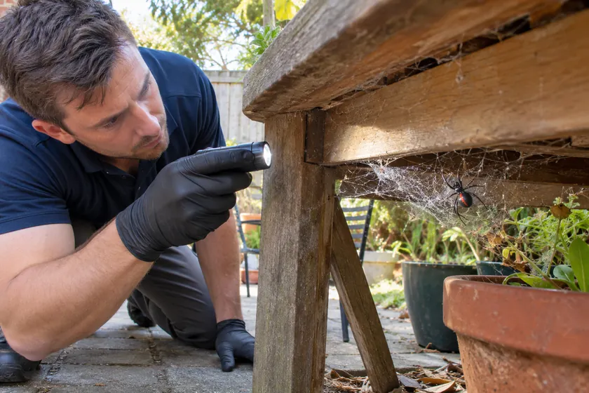 Technician finding a redback spider under an outdoor table
